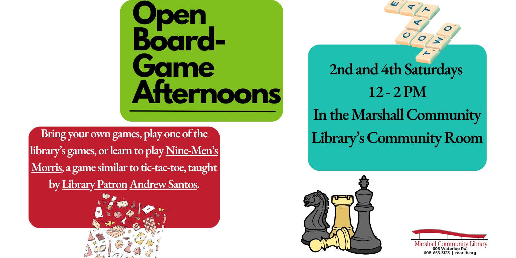 Open Board Games Afternoons - 2nd and 4th Saturdays Noon-2pm