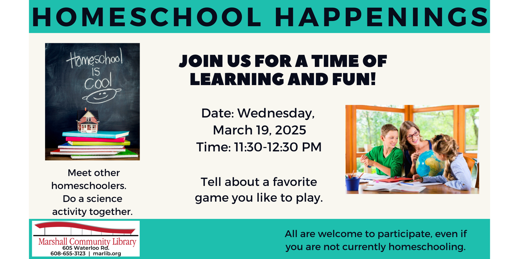 Homeschool Happenings - Wednesday March 19, 2025 - 11:30 AM - 12:30 PM